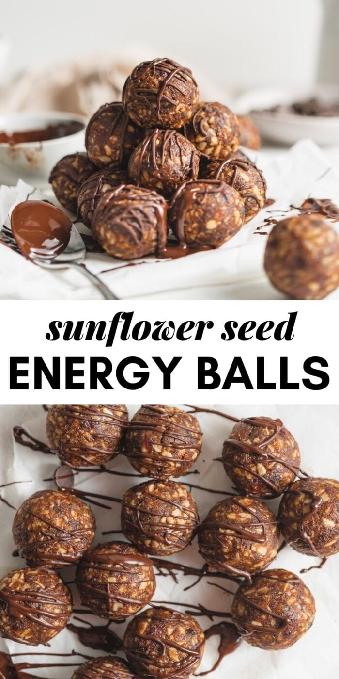 Pinterest graphic with an image and text for sunflower seed energy bites.