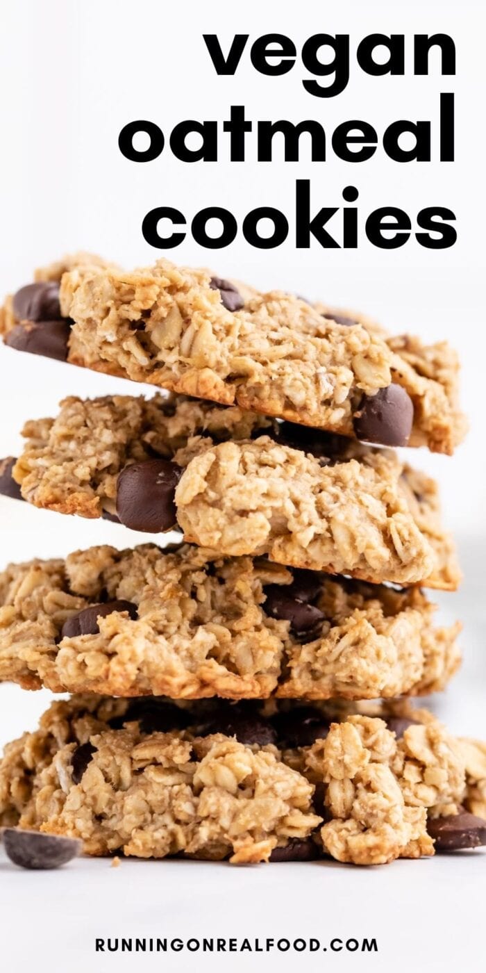 Pinterest graphic with an image and text for peanut butter oatmeal chocolate chip cookies.
