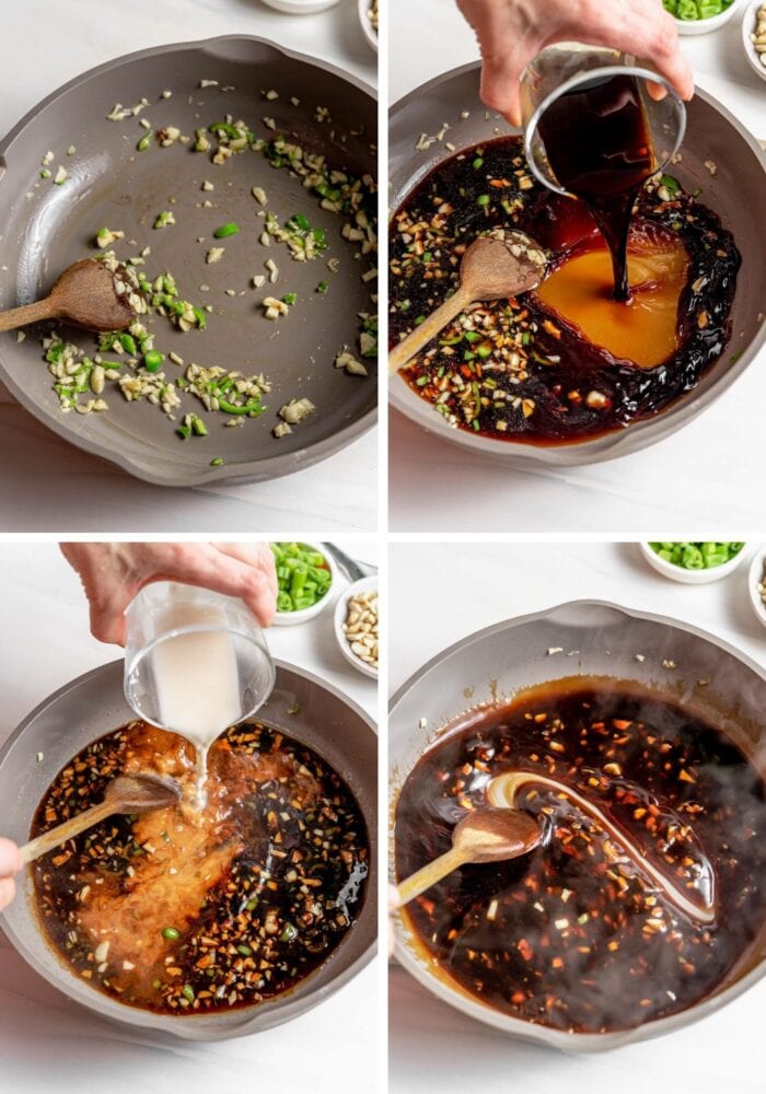 Visual step by step instructions for making kung pao sauce in a skillet.