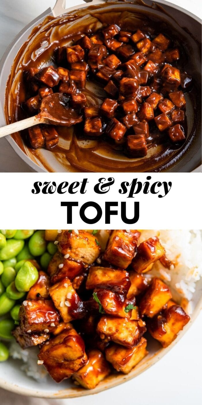 Pinterest graphic with an image and text for sweet and spicy tofu.