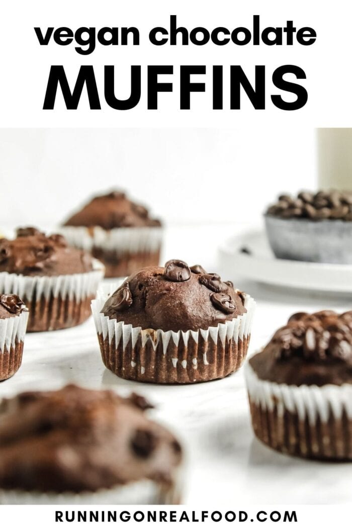 Pinterest graphic with an image and text for chocolate banana muffins.