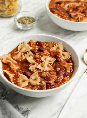 Bowl of minestrone soup with beans and pasta.