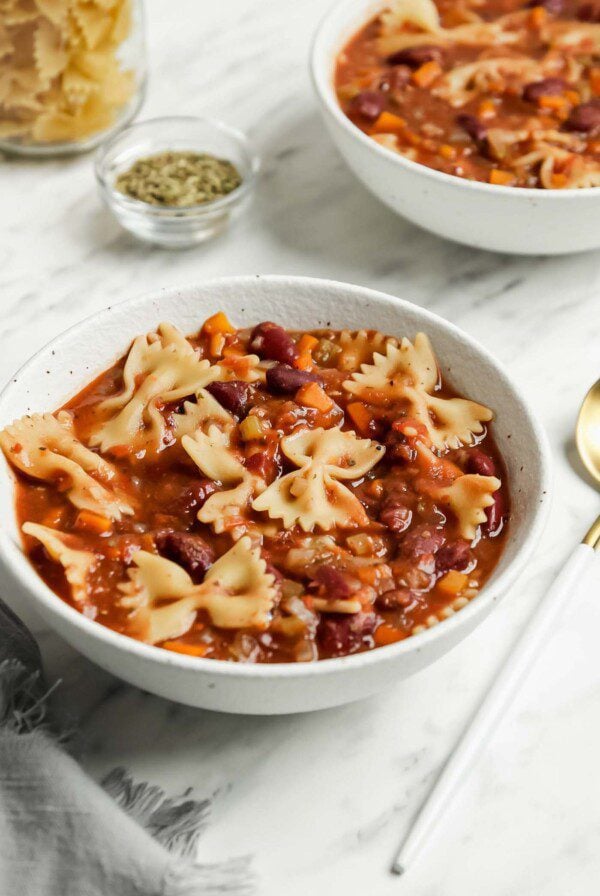 Bowl of minestrone soup with beans and pasta.