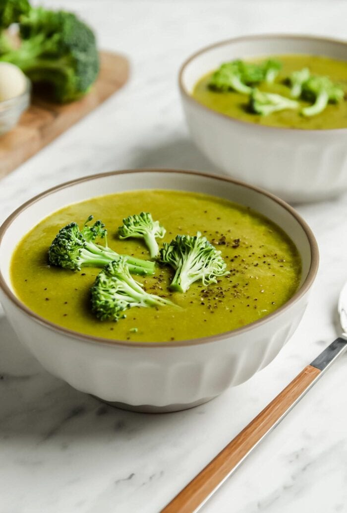 Two bowls of broccoli soup topped with a few pieces of broccoli.