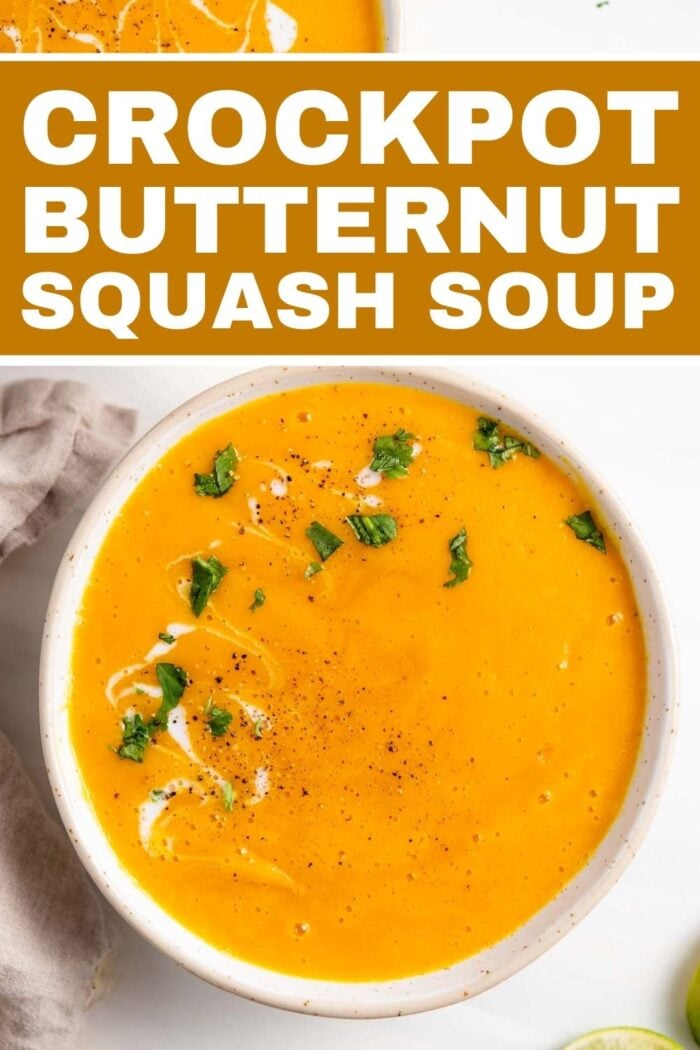 Pinterest graphic with an image and text for butternut squash soup.