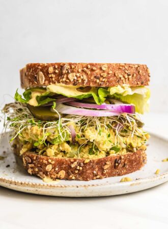 Close up view of a chickpea salad sandwich with onion, lettuce and sprouts.