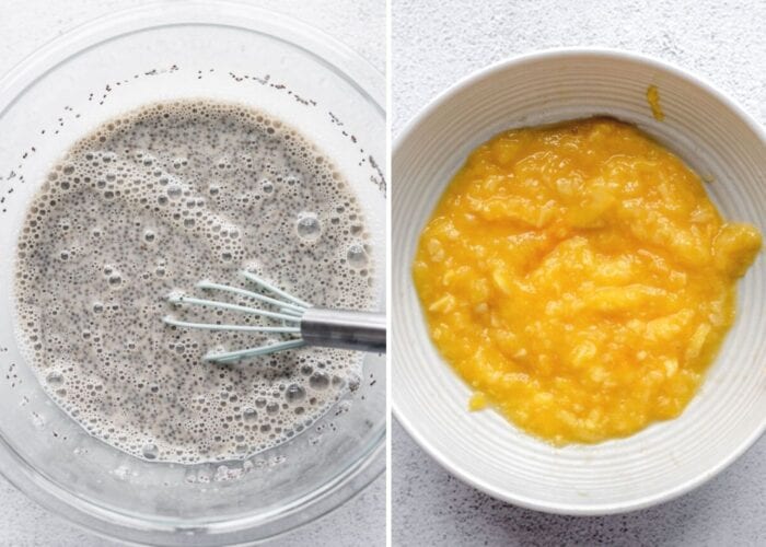 Collage of step by step images for making a mango chia pudding recipe.