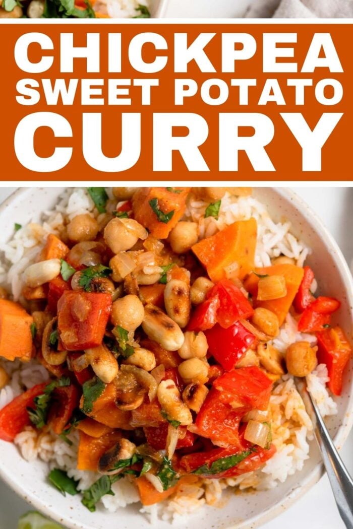 Pinterest graphic with an image and text for sweet potato chickpea curry.