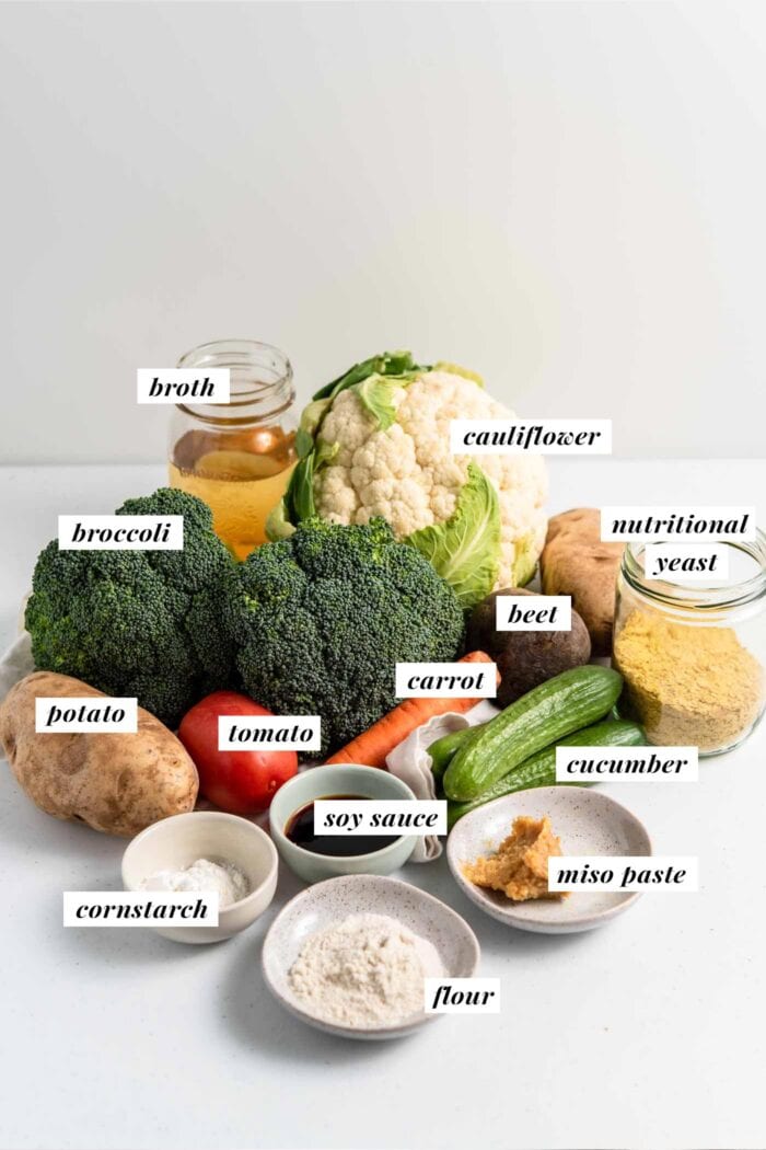 Visual of ingredients labelled with text overlay for making vegan dragon bowls with miso gravy.