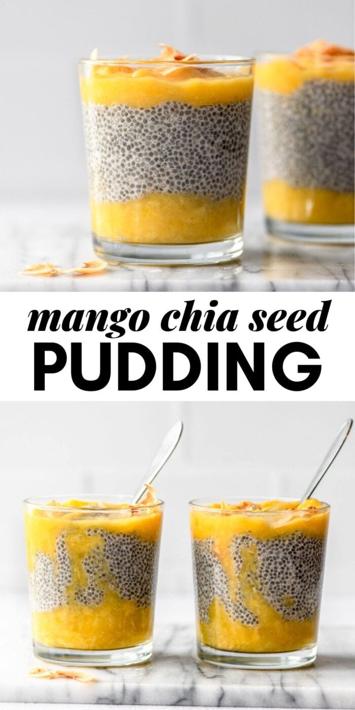 Pinterest graphic with an image and text for mango chia seed pudding.