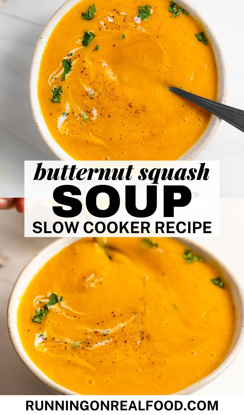 Two images of a bowl of butternut squash soup with a spoon in it and text in between the images that reads "butternut squash soup slow cooker recipe".