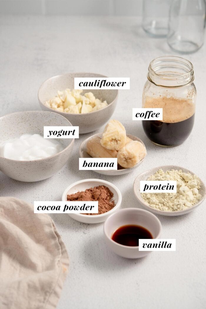 Visual of ingredients for a chocolate tiramisu smoothie labelled with text overlay.