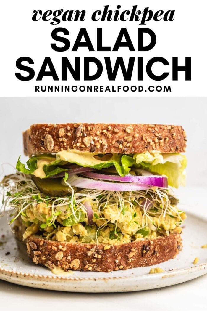 Pinterest graphic with an image and text for chickpea salad sandwich.