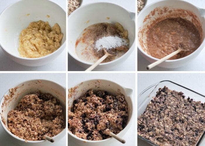 Collage of step by step images for making blueberry baked quinoa breakfast bars.