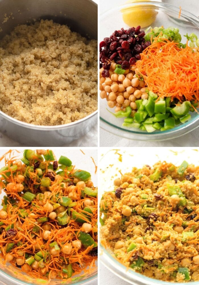 Collage of step by step images for making a curried quinoa chickpea salad with carrot and scallions.