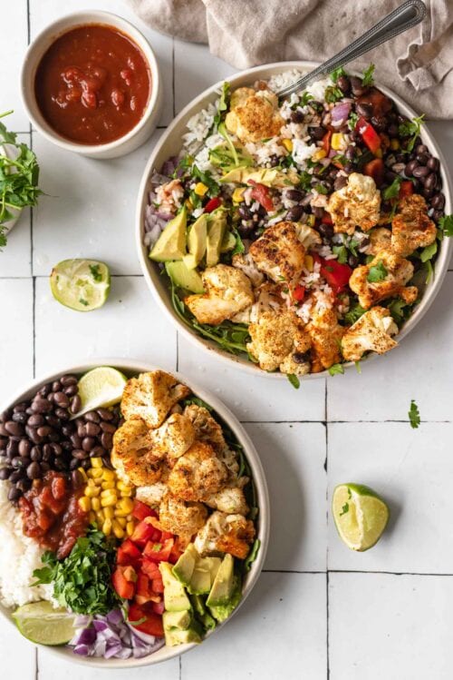 Roasted Cauliflower Burrito Bowls - Running on Real Food