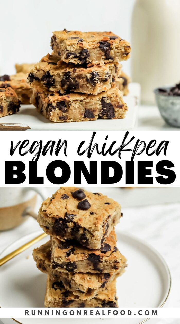 Pinterest graphic with an image of chickpea blondies and text reading "vegan chickpea blondies".