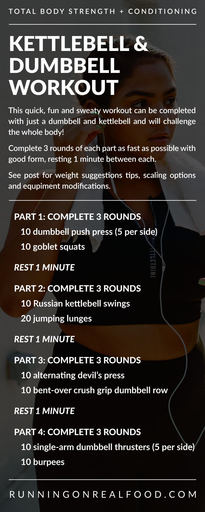 Written workout instructions for a kettlebell and dumbbell workout.