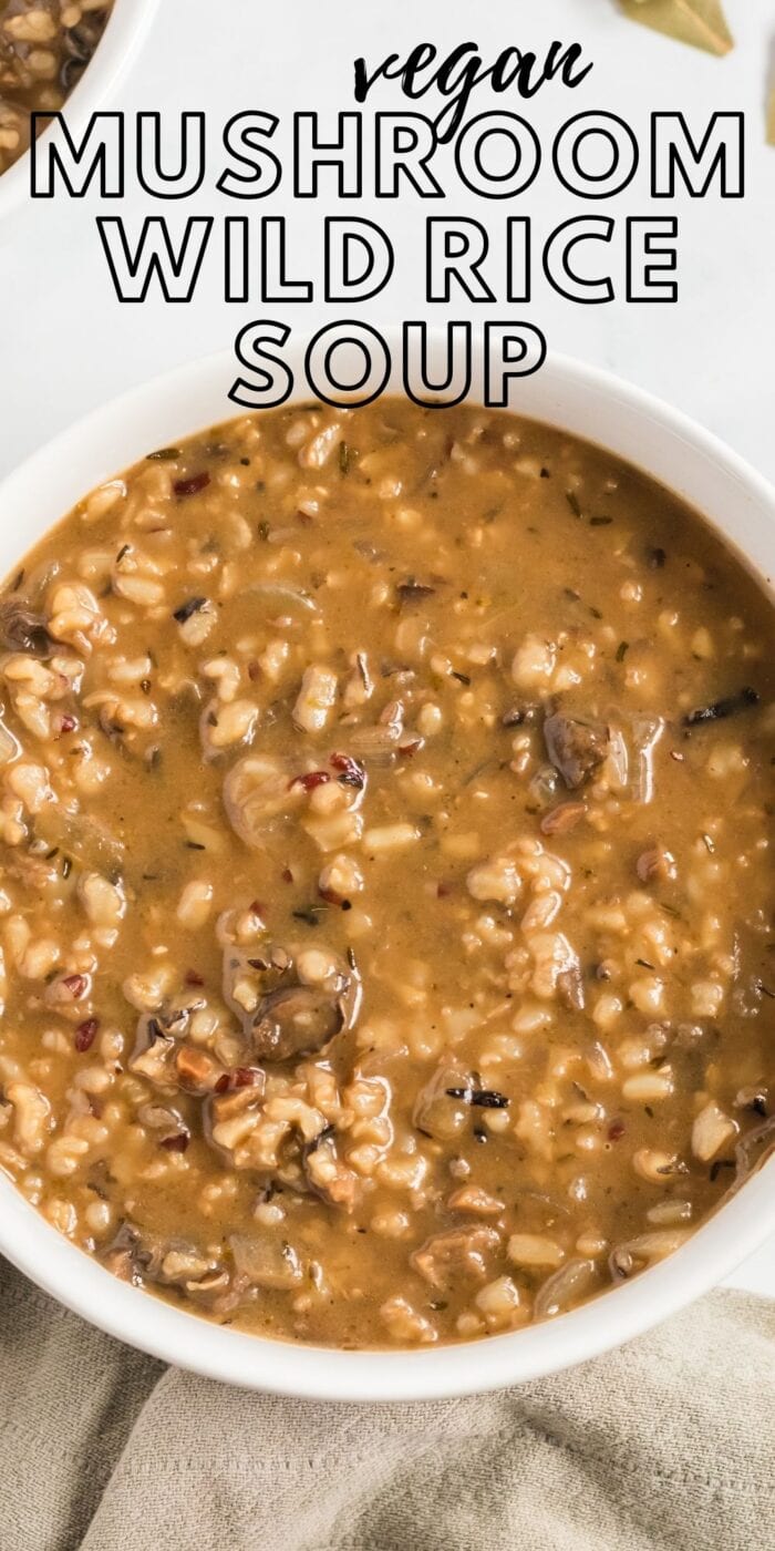Pinterest graphic with an image and text for wild rice mushroom soup.