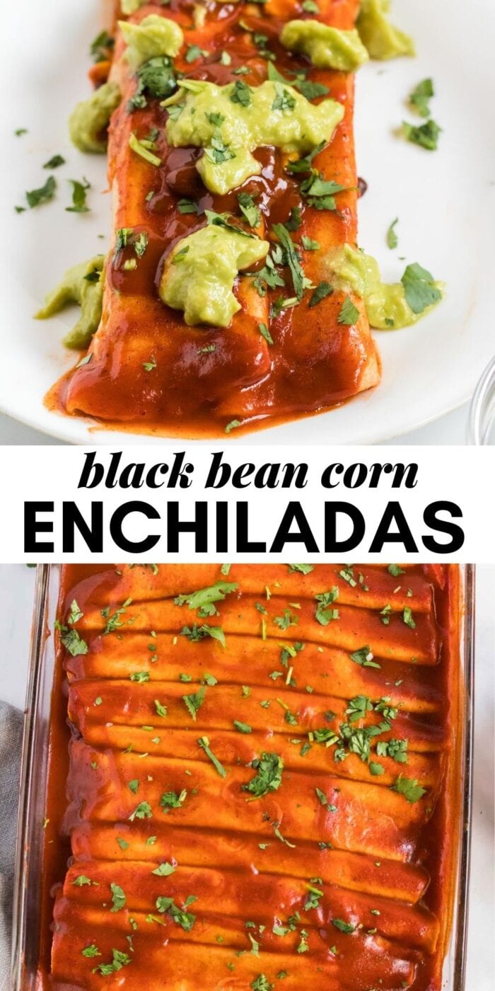 Pinterest graphic with an image and text for vegan black bean enchiladas.