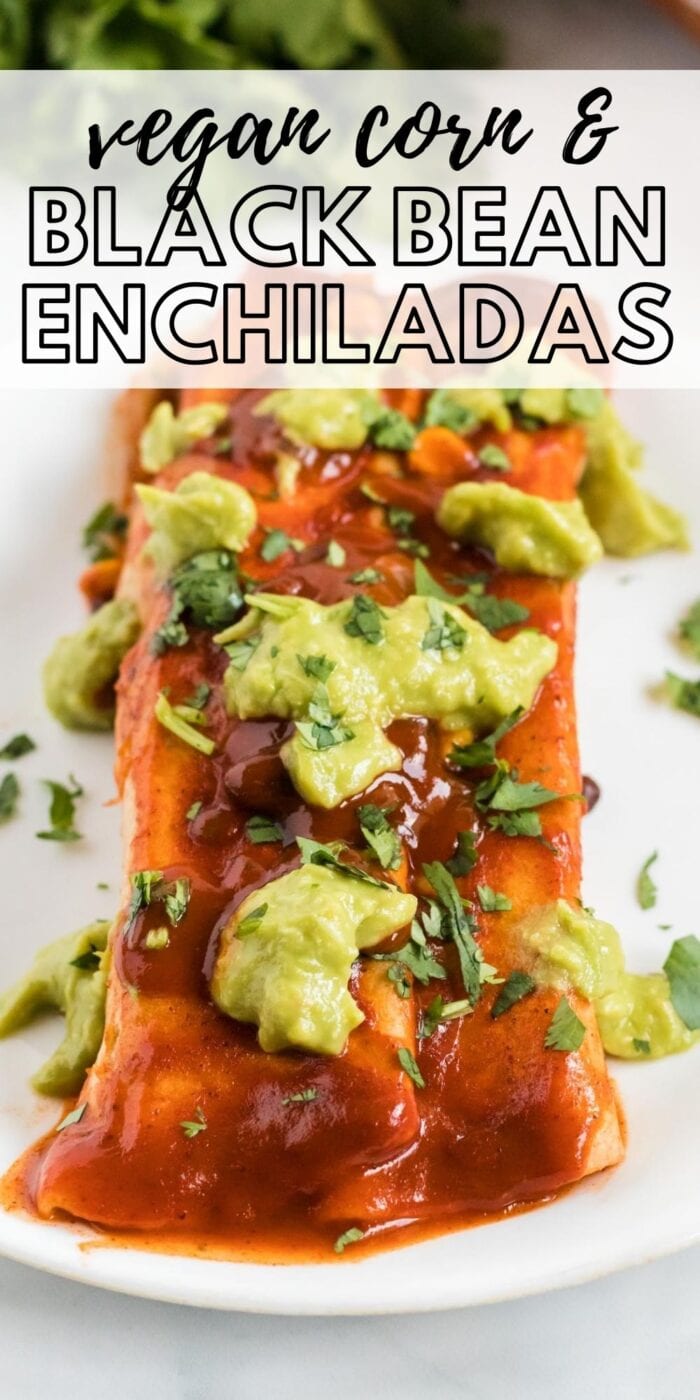 Pinterest graphic with an image and text for vegan black bean enchiladas.