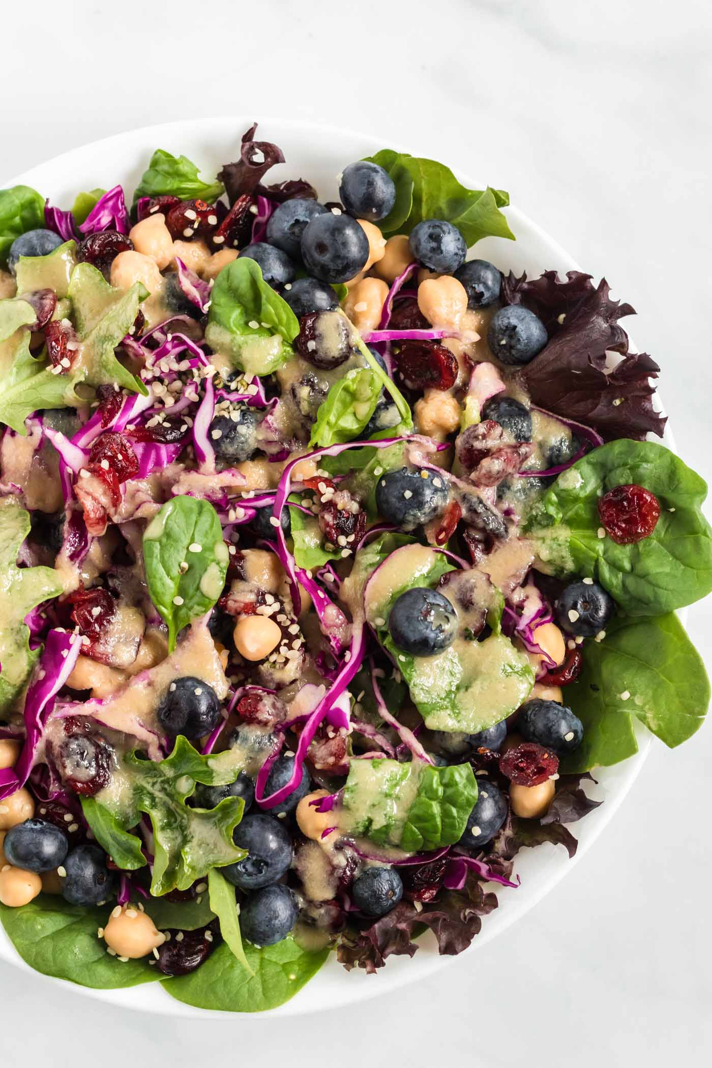 A close-up, overhead view of the colorful vegan blueberry chickpea salad, highlighting the vibrant ingredients and creamy dressing.