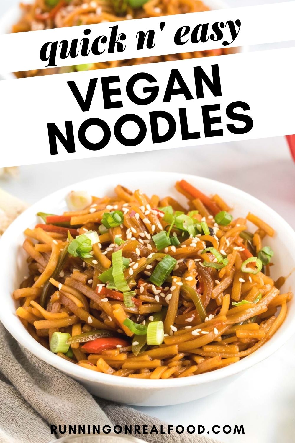 Pinterest graphic with an image and text for vegan lo mein.