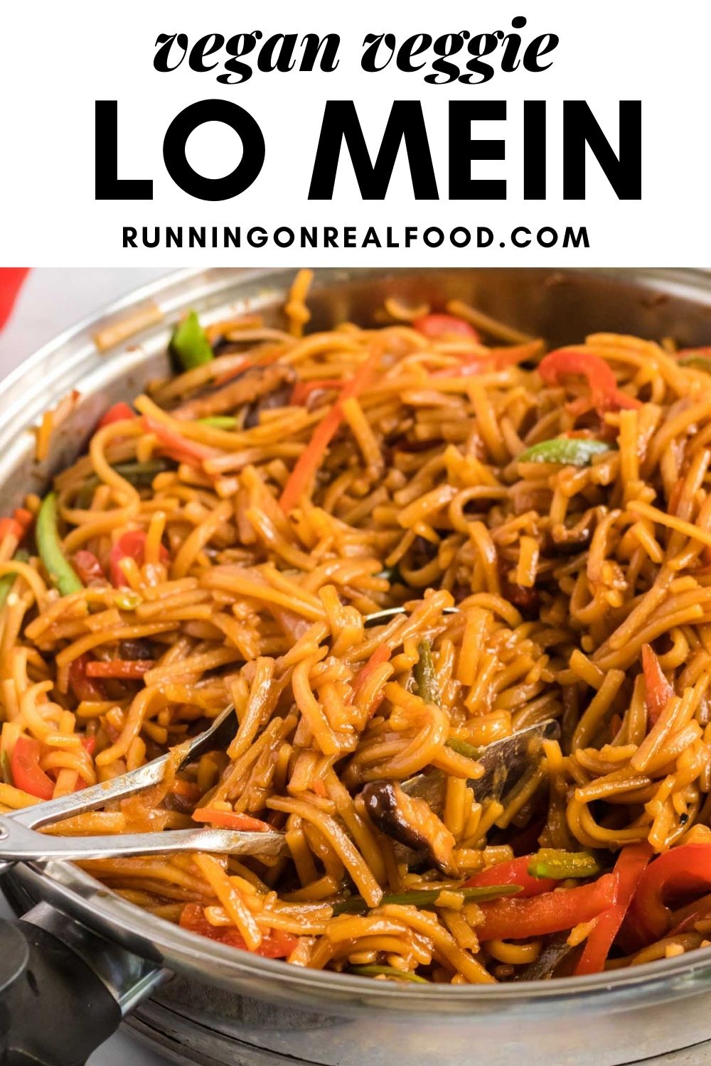 Pinterest graphic with an image and text for vegan lo mein.