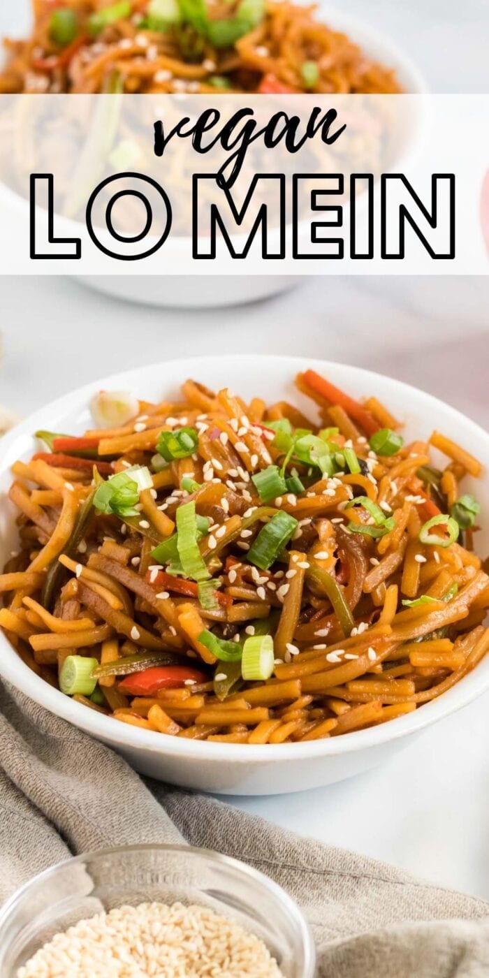 Pinterest graphic with an image and text for vegan lo mein.