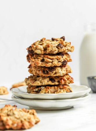 Stack of 3 oatmeal chocolate chip cookies on a small white plate.