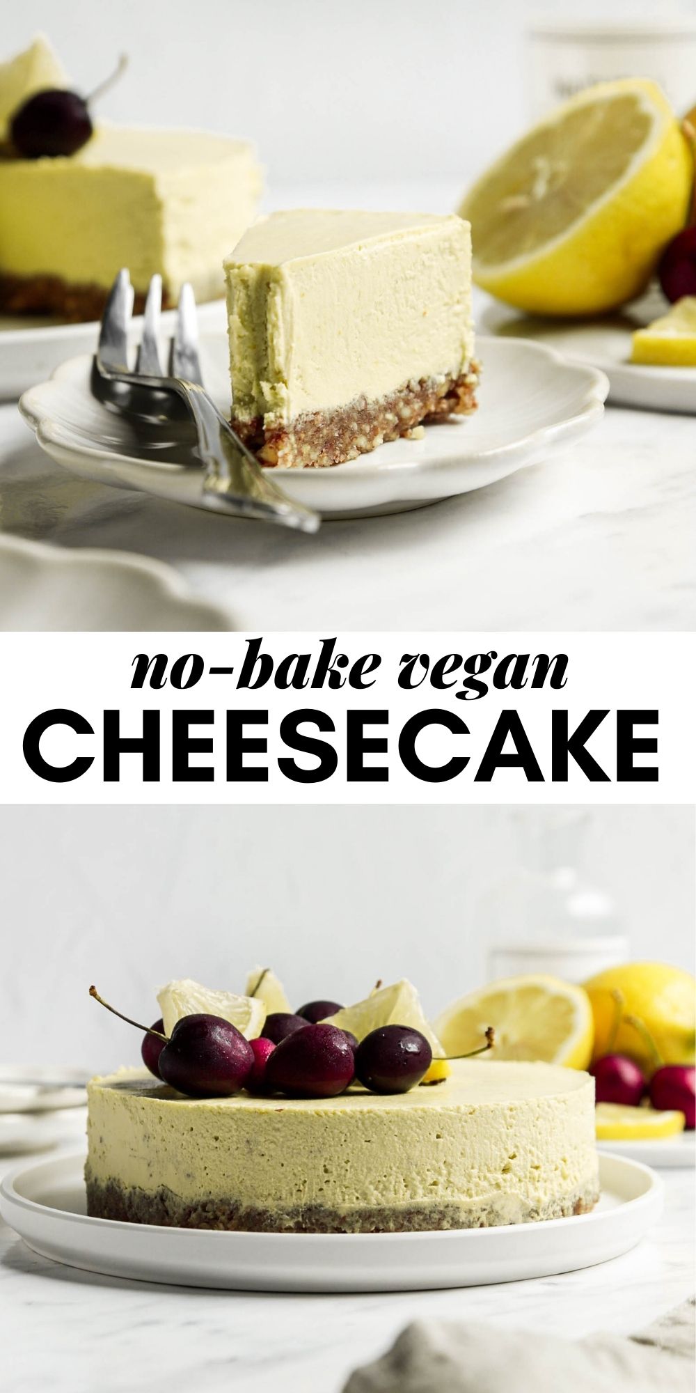 Pinterest graphic with an image and text for vegan lemon cheesecake.