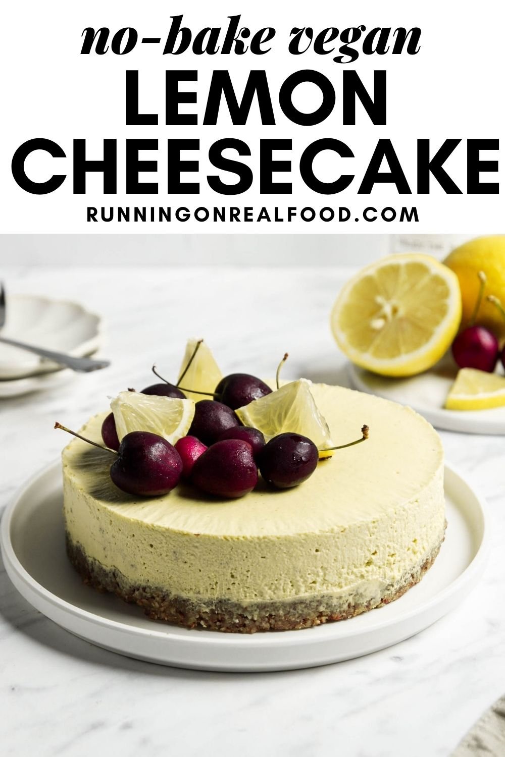 Pinterest graphic with an image and text for vegan lemon cheesecake.