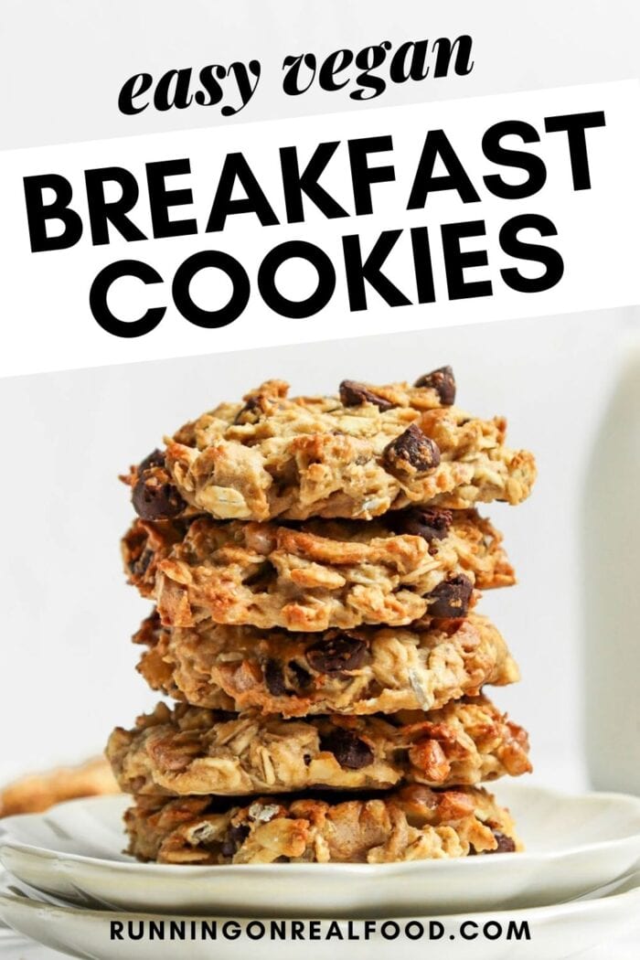 Pinterest graphic for vegan oatmeal cookies with images and text.