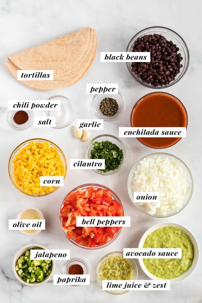 Visual list of ingredients for making black bean corn enchiladas.