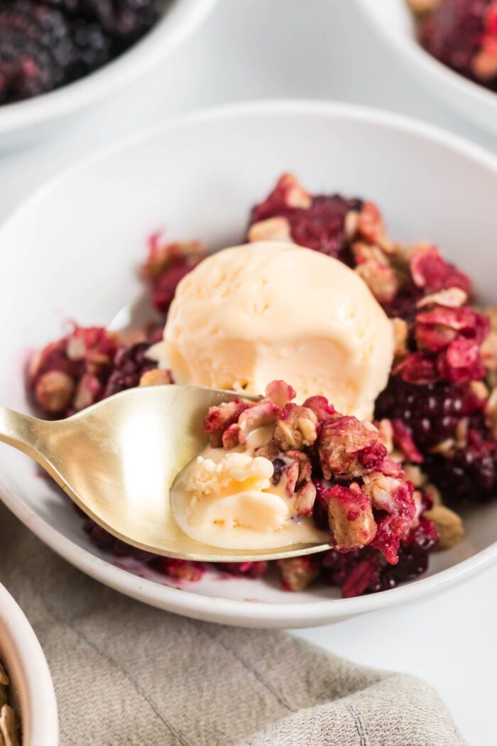 A spoon in a bowl of blackberry crumble topped with ice cream.
