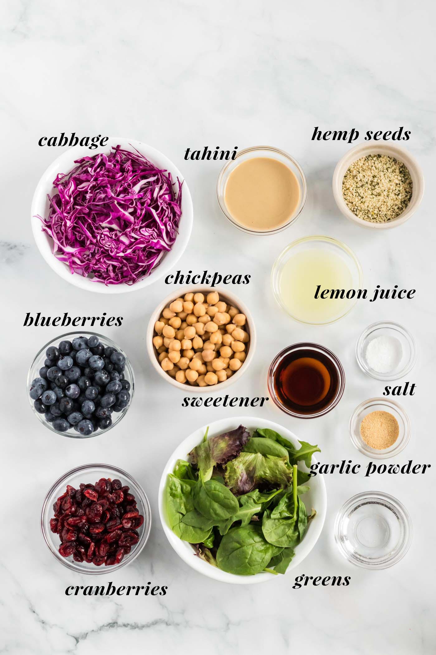 A visual collage of fresh ingredients laid out for making the blueberry chickpea salad, including tahini, maple syrup, lemon, blueberries, chickpeas, and various greens.