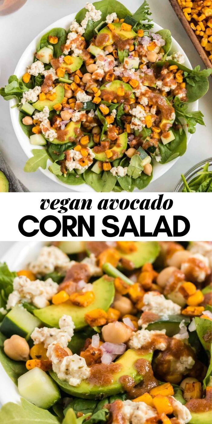 Pinterest graphic with an image of avocado corn salad with dressing and text reading: vegan corn avocado salad.