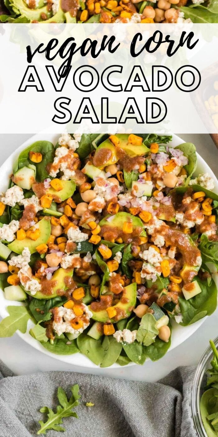 Pinterest graphic with an image of avocado corn salad with dressing and text reading: vegan corn avocado salad.
