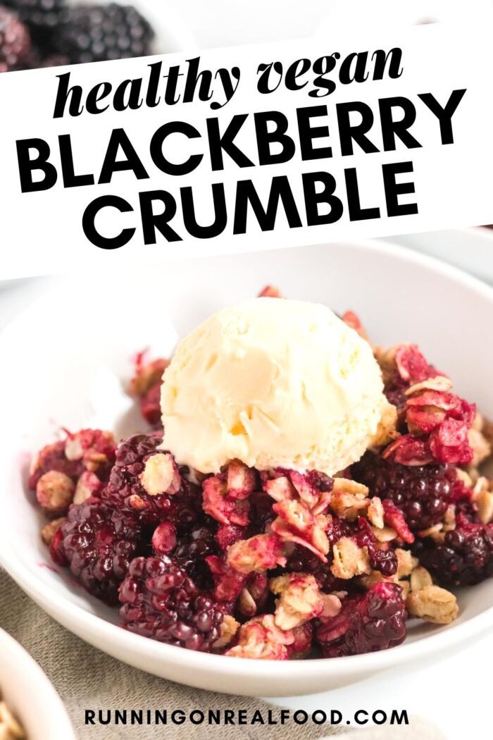 Pinterest graphic with an image and text for blackberry crumble.