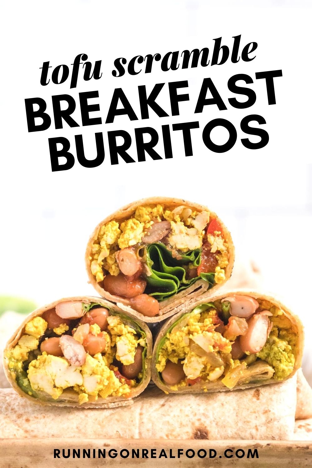 Pinterest graphic with an image and text for breakfast burritos.