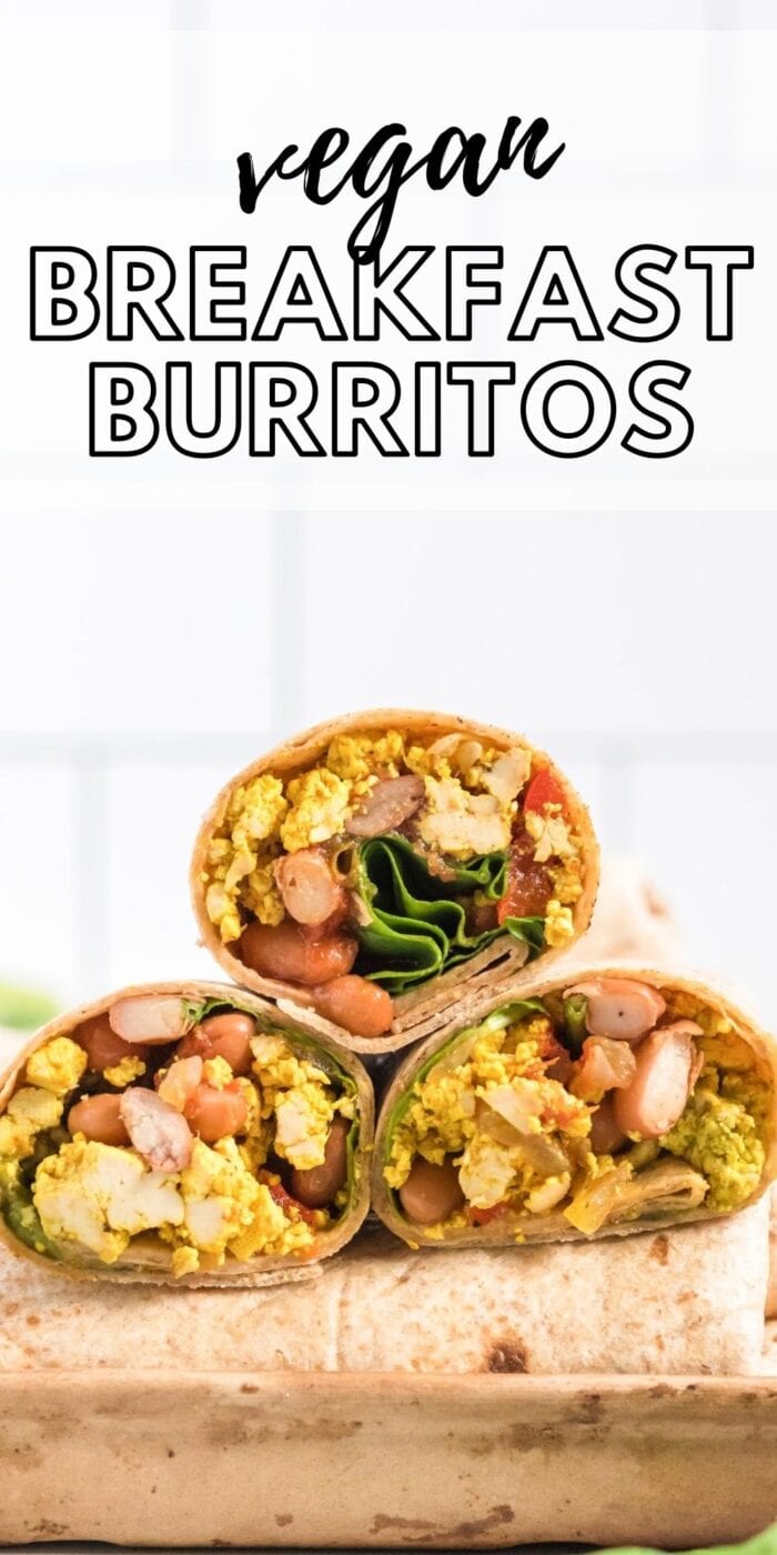 Pinterest graphic with an image and text for breakfast burritos.
