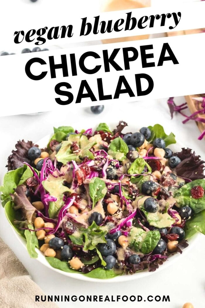 Pinterest graphic with an image and text for chickpea blueberry salad.