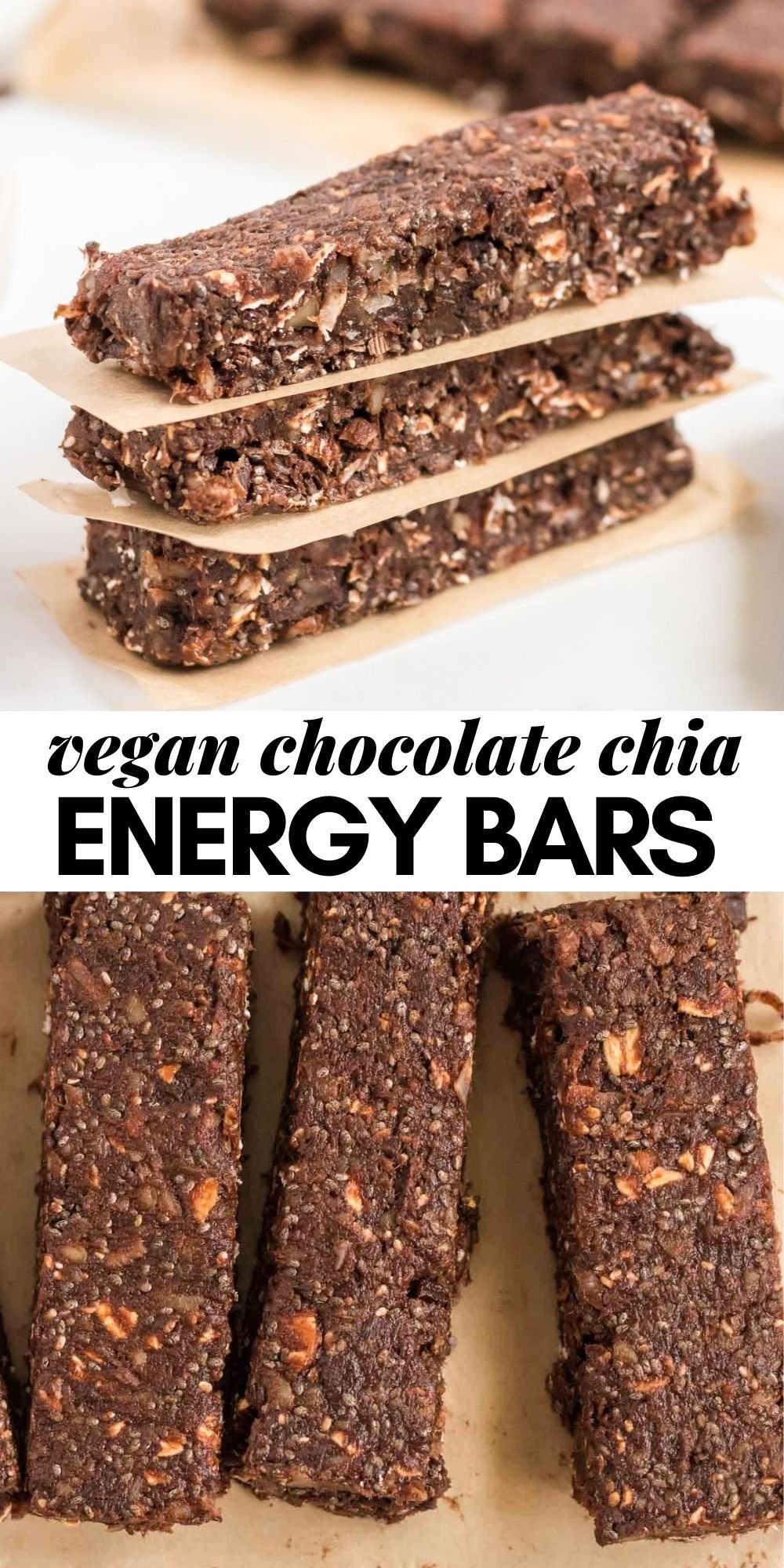 Pinterest graphic with an image and text for no-bake chocolate chia bars.