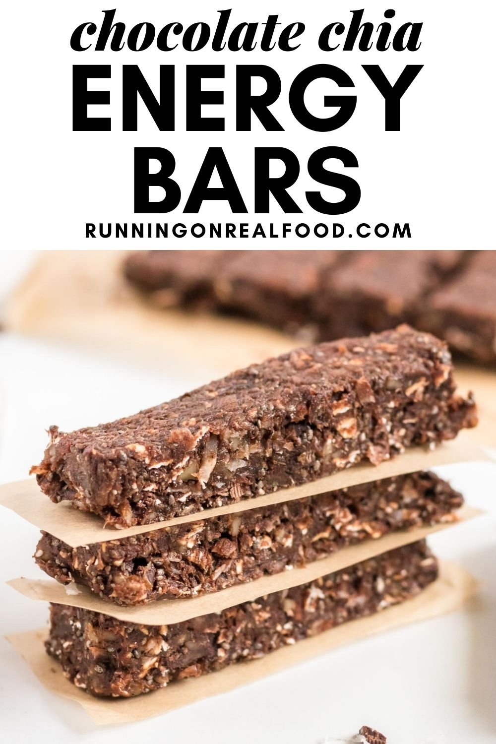 Pinterest graphic with an image and text for no-bake chocolate chia bars.