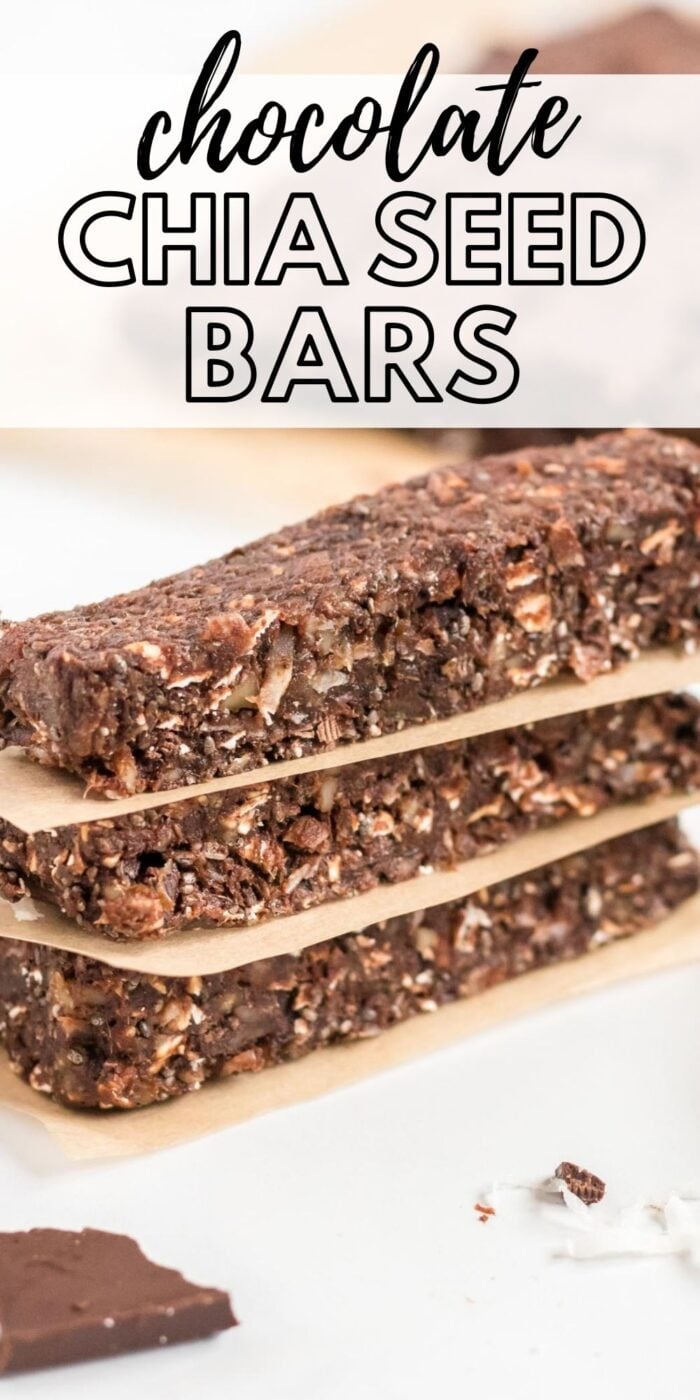 Pinterest graphic with an image and text for no-bake chocolate chia bars.