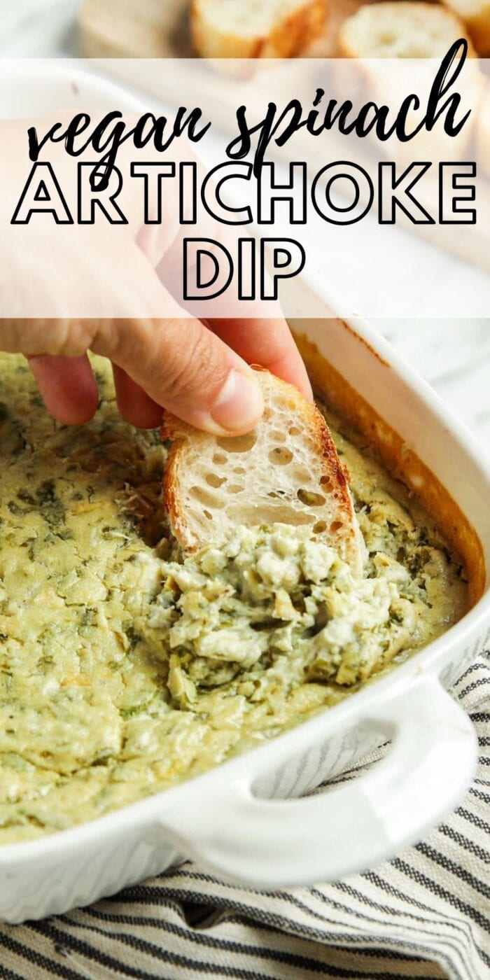 Pinterest graphic with an image and text for vegan spinach artichoke dip.