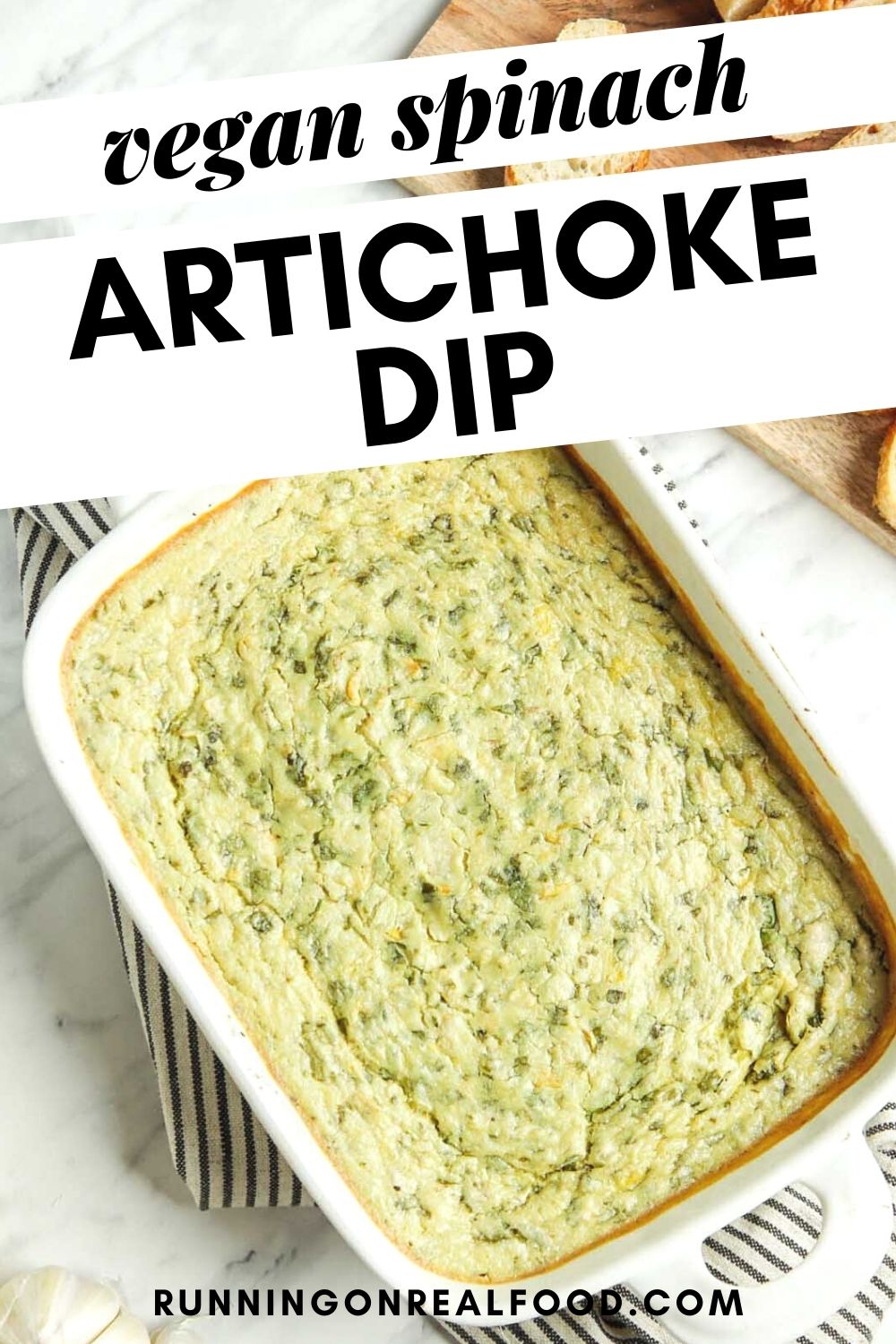 Pinterest graphic with an image and text for vegan spinach artichoke dip.