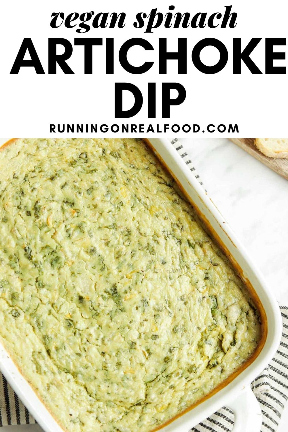 Pinterest graphic with an image and text for vegan spinach artichoke dip.