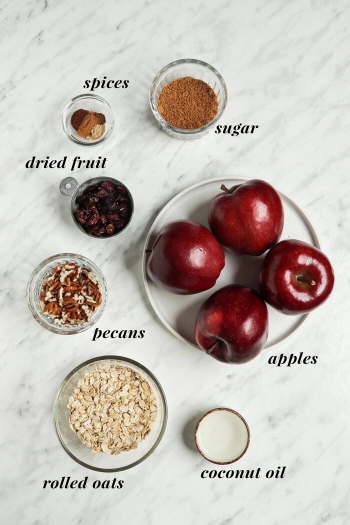 Visual ingredient list for making a stuffed baked apple recipe.