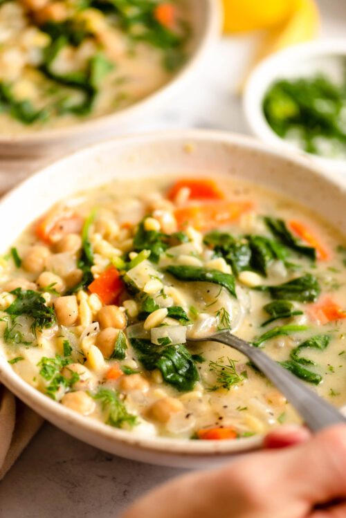 Easy Lemon Chickpea Orzo Soup (Vegan Avgolemono)